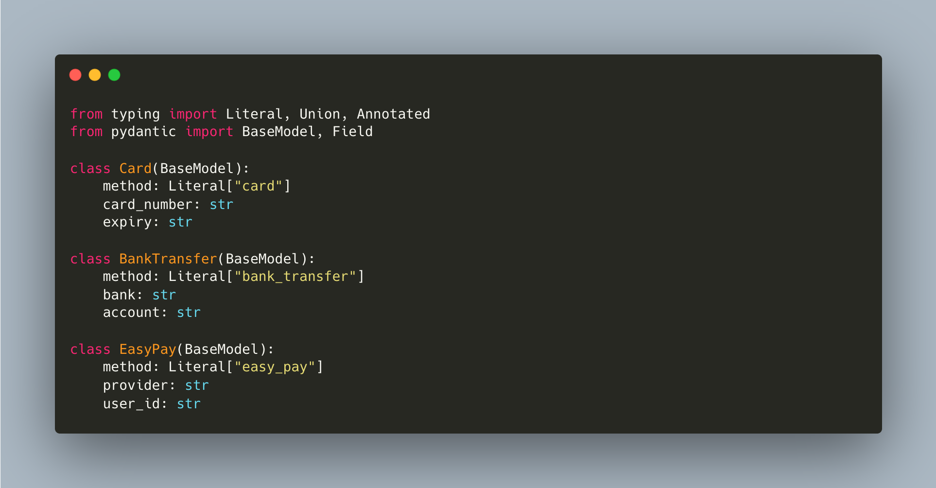 Pydantic 객체로 정의한 결제 수단 스키마
